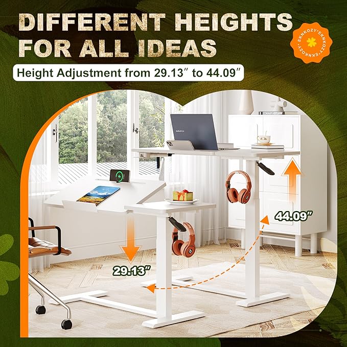 Standing Desk, Medical Overbed Table with Rolling Tray, Dual Pneumatic Angle and Height Adjustable Desk, Portable Side Table with Hidden Wheels, Home & Hospital Use, White