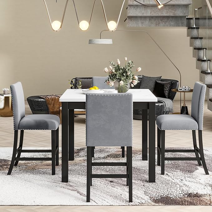 HomSof 5-Piece Counter Height Dining Table Set with One Faux Marble Top Dining Table and Four Velvet-Upholstered Chairs,Grey