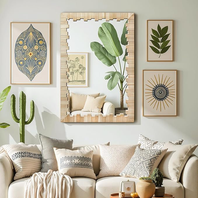 Boho Wall Mirror with Wood Frame, 36"x24" Faux Rattan Decorative Vanity Mirror for Bathroom, Living Room, Bedroom, Entryway(Rectangle)