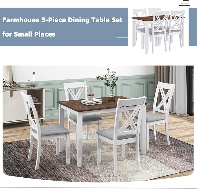 Ball & Cast 5-Piece Dining Table Set for 4,Kitchen Table Set W/ 44.5" Rectangle Table,Living Room Furniture W/ 4 X-Back Linen Upholstered Chairs,for Dining Room,Kitchen,Restaurant,Walnut+Light Beige