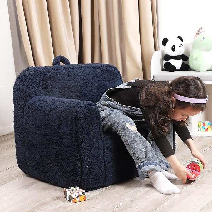 Kids Snuggly-Soft Sherpa Chair, Cuddly Toddler Foam Chair for Boys and Girls, Dark Blue