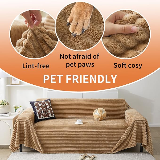 HAOMAIJIA Faux Fur Sofa Covers Couch Covers for 2 Cushion Couch Sofa Pet Friendly Soft Non Slip Couch Cover for Dogs Washable Sectional Couch Covers L Shape Furniture Protector (Khaki, 71"x118")