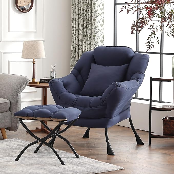 Large Lazy Chair with Ottoman, Accent Reading Chair with a Throw Pillow, Cozy Lounge Chair with Armrest, Leisure Sofa Chair for Living Room, Bedroom, Dorm, Peach Navy
