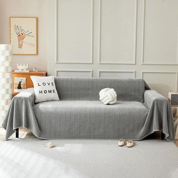 STACYPIK Chenille Sofa Cover for Dogs, Washable Dark Gray Couch Cover for Pets, Non Slip Couch Covers for L Shape, Furniture Protector for 3 Cushion Couch with Tassels,Sofa Throw Blankets-71X150IN