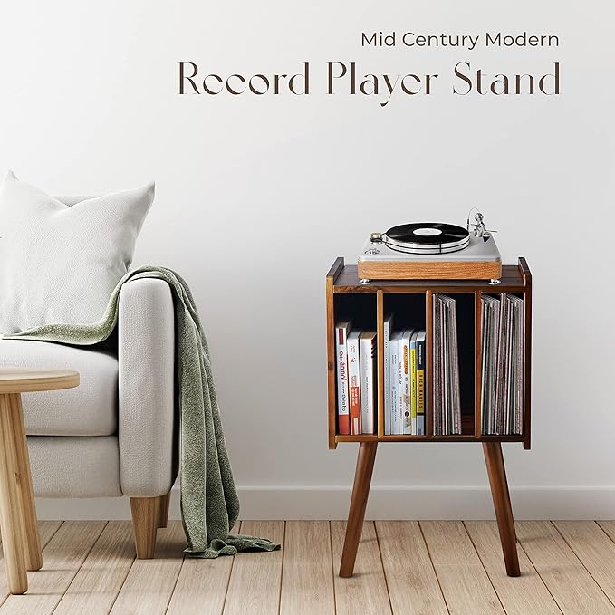 Wooden LP Record Player Stand with 4 Cabinets, Holds up to 100 Vinyls, Metal Record Storage Holder and Organizer Table, Classical Design for Files/Book (Mid-Century Modern)