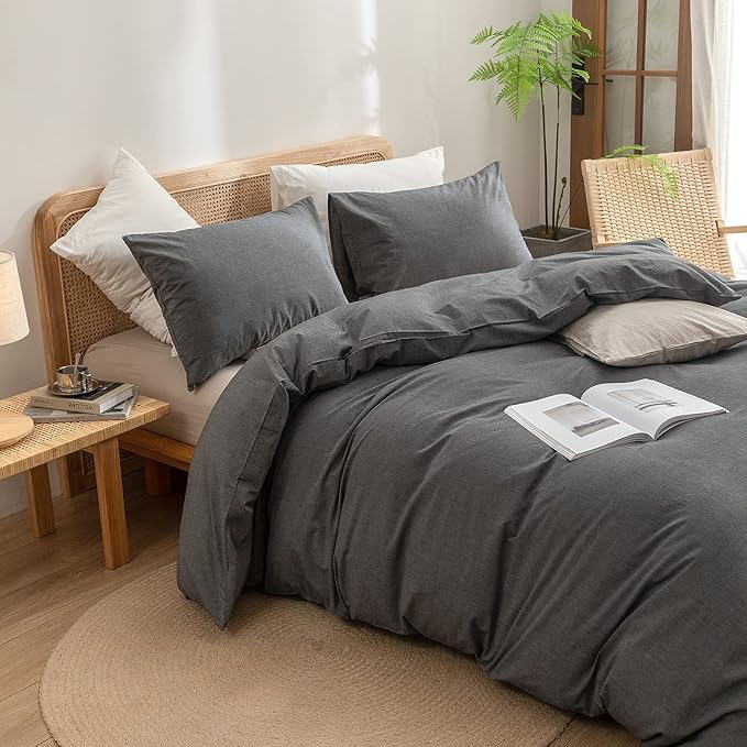 BESTOUCH Duvet Cover Set 100% Washed Cotton Linen Feel Super Soft Comfortable Chic Lightweight 3 PCs Home Bedding Set Solid Dark Grey King
