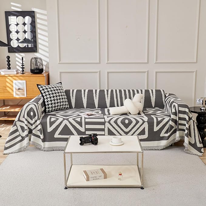 HANDONTIME Reversible Sofa Cover Boho Geometric Couch Cover for Dogs Dark Grey Couches Covers Washable Chenille Couch Covers for 3 Cushion Couch Pet Friendly Furniture Protector for Pets, 91" X134"