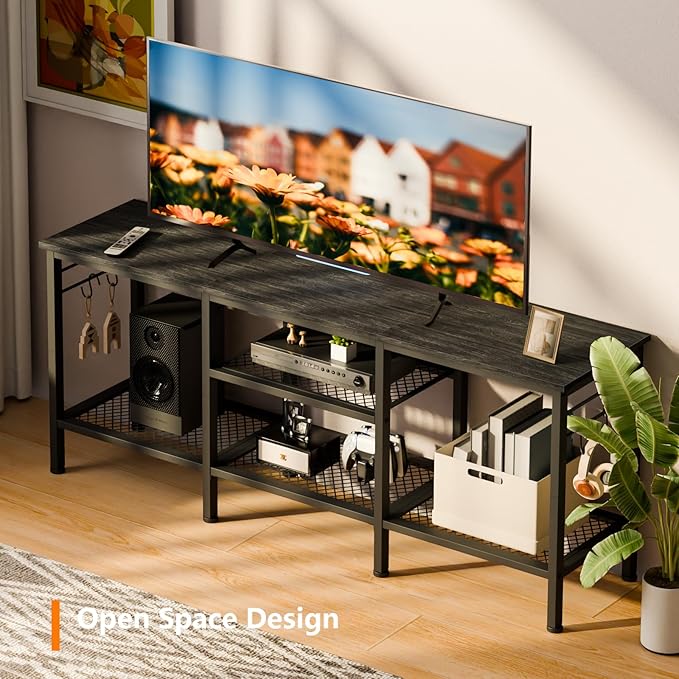 Furologee TV Stand for TVs up to 55 Inch, Entertainment Center with Open Storage Shelves, Media Console Table with Soundbar Shelf for Living Room, Bedroom, Black Oak