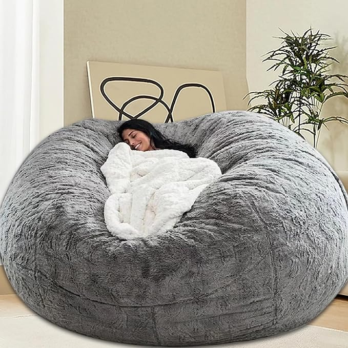 Bean Bag Chair for Adults Kids Without Filling Comfy Fluffy Giant Round Beanbag Lazy Sofa Cover for Reading Chair Floor Chair, 7FT, Grey