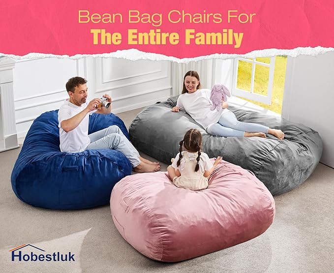 Hobestluk 6FT Bean Bag Chair Large Beanbag Lounger with Removable Cover Adult Bean Bag Chair with Portable Handle Desgin for Living Room Bedroom (Blue, 6FT)