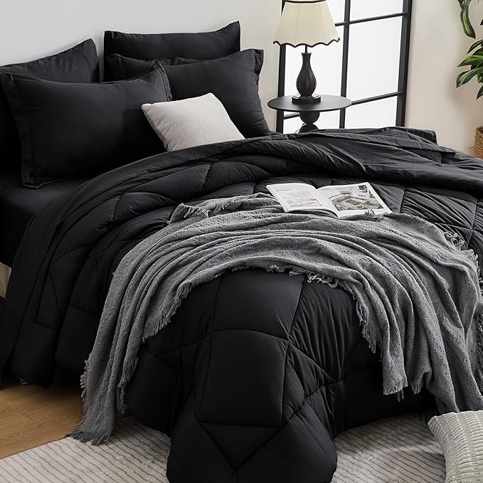 HEVUMYI Black Full Comforter Set - 7-Piece All Season Bed in a Bag Full, Ultra Soft Bedding Set with Comforter, Flat Sheet, Fitted Sheet, Pillowcases, Pillow Shams, Black