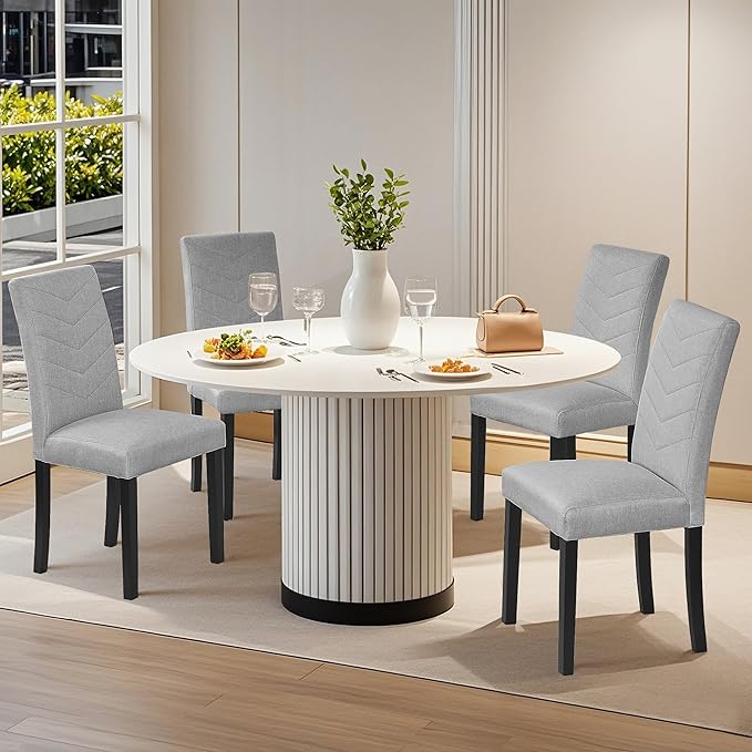 VECELO Upholstered Dining Chairs Set of 4, Fabric Wood Legs High Back for Kitchen Living Room, Light Gray