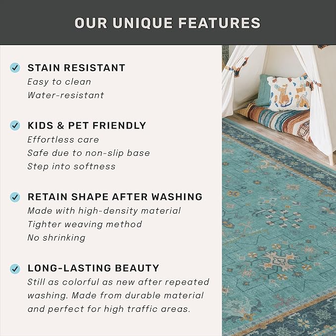 Boho 8x10 Large Teal Green Rugs for Living Room - Vibrant Turquoise Rug for Bedroom under Bed, Dining Room under Kitchen Table, Washable Soft Non Slip Unique Aqua Colorful Indoor Décor teal area rug