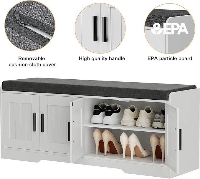 2-Tier Storage Bench, Shoe Bench with Thickened Padded Seat Cushion, Entryway Bench with 4 Doors, Adjustable Shelf, 13.8" D x 45.3" W x 18.5" H, for Entryway, Living Room, Bedroom, White