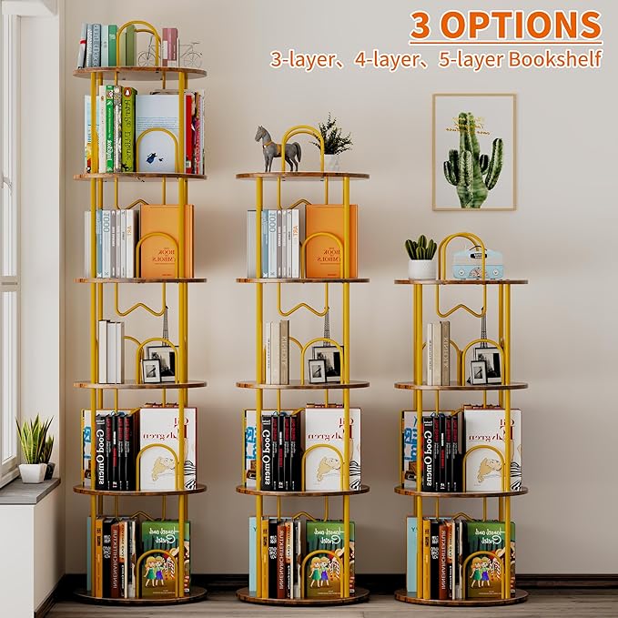 3 Tier Rotating Bookshelf, 360° Spinning Bookshelf Tower, Round Narrow Space Saving for Books and Display, Revolving Bookcase Corner Tall Book Shelf for Small Spaces, Bedroom, Living Room, Gold