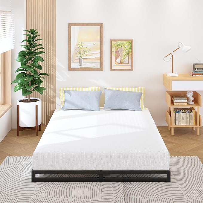 4 Inch Bed Frame Queen Size Heavy Duty Steel Slat Support Metal Platform Queen Bed Frame No Box Spring Needed, Easy Assembly, Black