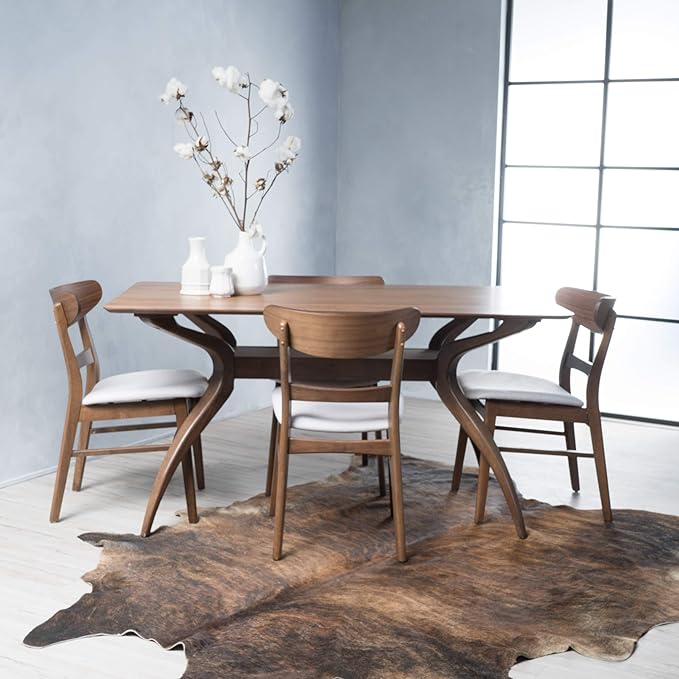 Christopher Knight Home Idalia Curved Leg Rectangular Dining Set, 5-Pcs Set, Natural Walnut / Light Beige