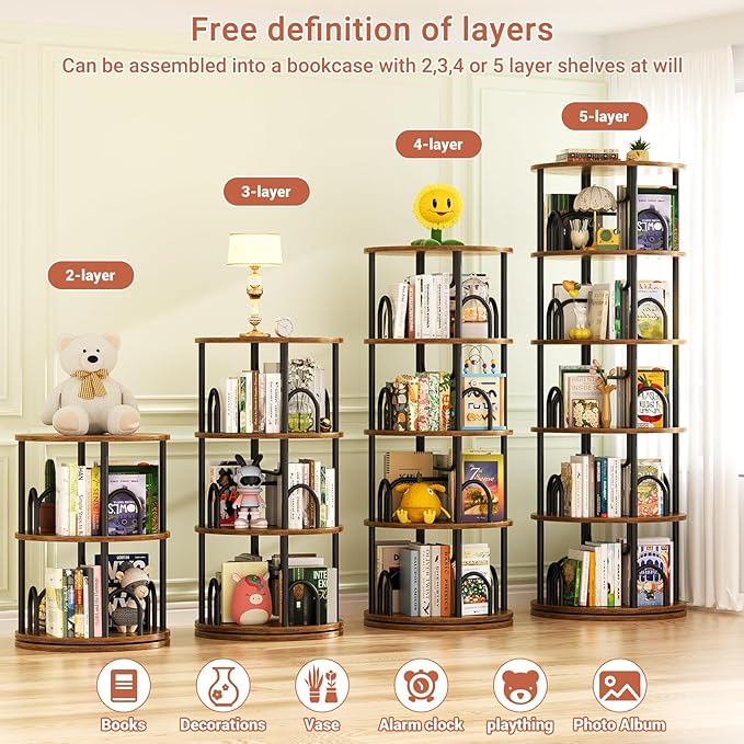 Aheaplus 5 Tier Rotating Bookshelf Tower, 360 Display Spinning Bookcase, Revolving Round Book Shelf Narrow Swivel Bookshelf, Vertical Turning Corner Book Organizer for Small Space, Rustic Brown