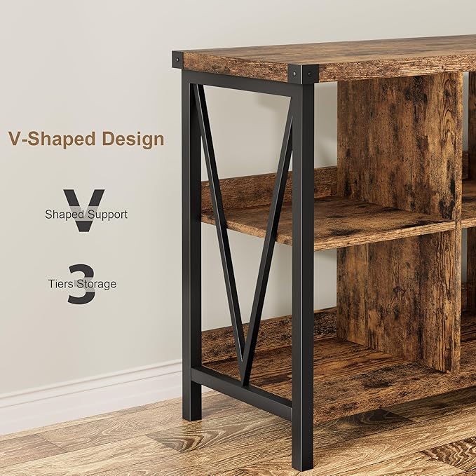 GarveeHome 8 Cube Storage Organizer Bookshelf, 3 Tier Metal Horizontal Bookcase, 62 Inch Console Bookshelf, Industrial Storage Bookcase for Entryway, Long Low Bookshelves for Living Room-Retro Brown