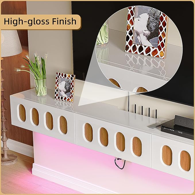 Floaticase Fully Assembled Floating TV Stand, 55IN High Gloss Wall Mounted Entertainment Center with Flip-Down Doors & Drawers, TV Console Under TV Shelf for Bedroom Livingroom
