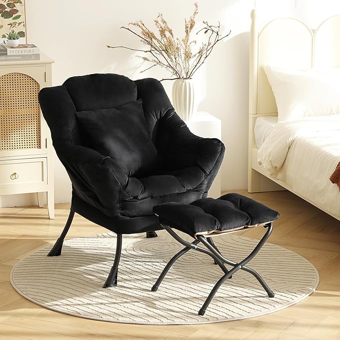 Lazy Chair with Ottoman, Modern Lounge Accent Chair with a Pillow, Leisure Sofa Armchair Set, Reading Chair with Footrest for Living Room, Bedroom, Dorm Room, Office, Velvet Black