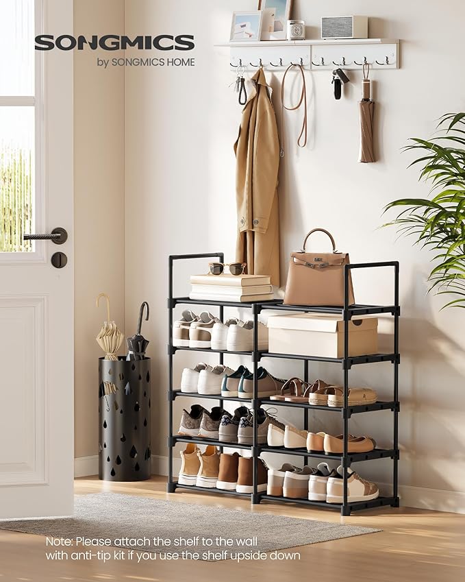 SONGMICS Shoe Rack, 10-Tier Shoe Organizer, Metal Storage Shelf, Upright or Upside Down, for 11-22 Pairs, for Entryway, 11.8 x 17.7 x 68.5 Inches, Black ULSA25BK