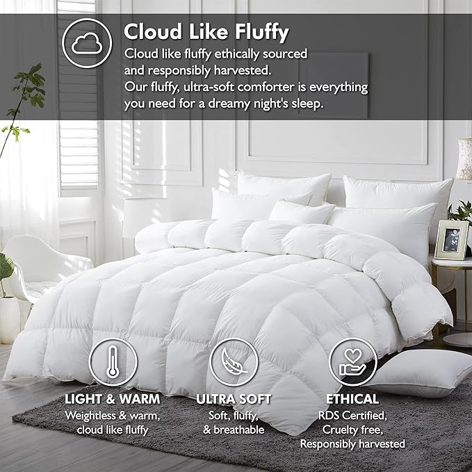 Luxurious White Solid Medium Weight, California King Size Goose Feathers Down Comforter for All-Season Weather Duvet Insert, Premium Baffle Box, 100% Egyptian Cotton Cover, 70 oz. Fill Weight