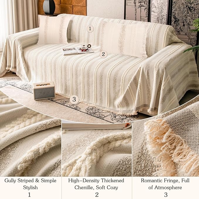 Couch Cover for Dogs Washable Sofa Cover, Sectional Couch Covers, Sofa Covers for 2 Cushion Couch, Non Slip Stripe Sofa Slipcovers Furniture Protector, Couch Protector from Cat Claws, Beige,75''x102''