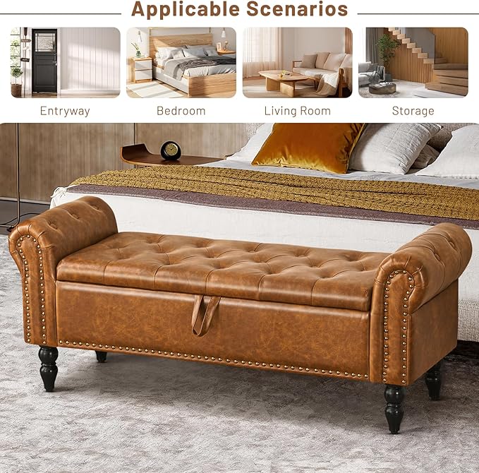 Furniliving Storage Ottoman Bench, Leather Benches End of Bed Bench with Solid Wood Legs Upholstered Ottoman Bench with Storage Indoor Bench for Living Room with Rolled Arm, Entryway, YellowBrown