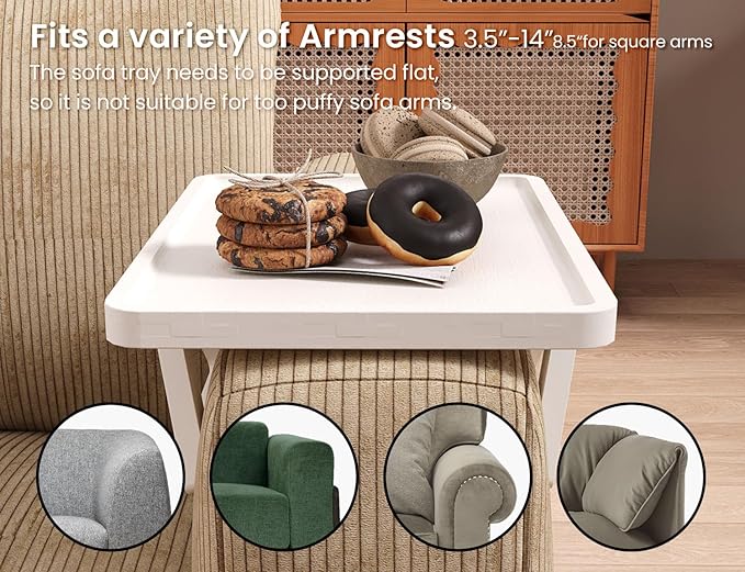 2 Pack Couch Arm Tray,Bamboo Folding Sofa Tray,Sofa Armrest Trays Clip-On Couch Desk for Drinks,Snacks,Phone,Remote Control（White）