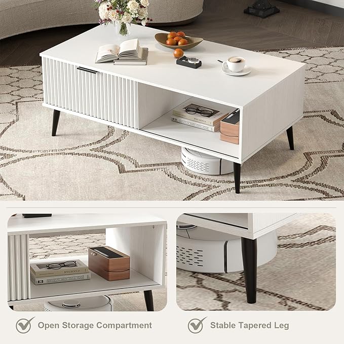 41.34''D Coffee Table, 2-Tiers Farmhouse Coffee Tables With Storage and Sliding Wave Pattern Door, Modren Tea Table, Wooden Dining Center Tables for Living Room, Office, Bedroom, Outdoors, White