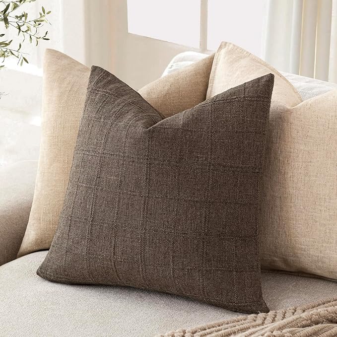 Foindtower Set of 2 Decorative Linen Check Throw Pillow Covers Neutral Farmhouse Vintage Cushion Covers Modern Boho Home Decor for Sofa Chair Couch Bedroom Living Room Outdoor,22×22 Inch,Dark Brown