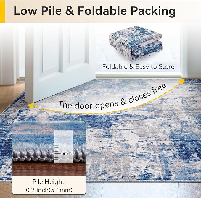 Washable Area Rugs 6'x9' Non-Slip Modern Abstract Soft for Living Room Entryway Bedroom Nursery, Print Pattern, Blue Grey Navy Gray
