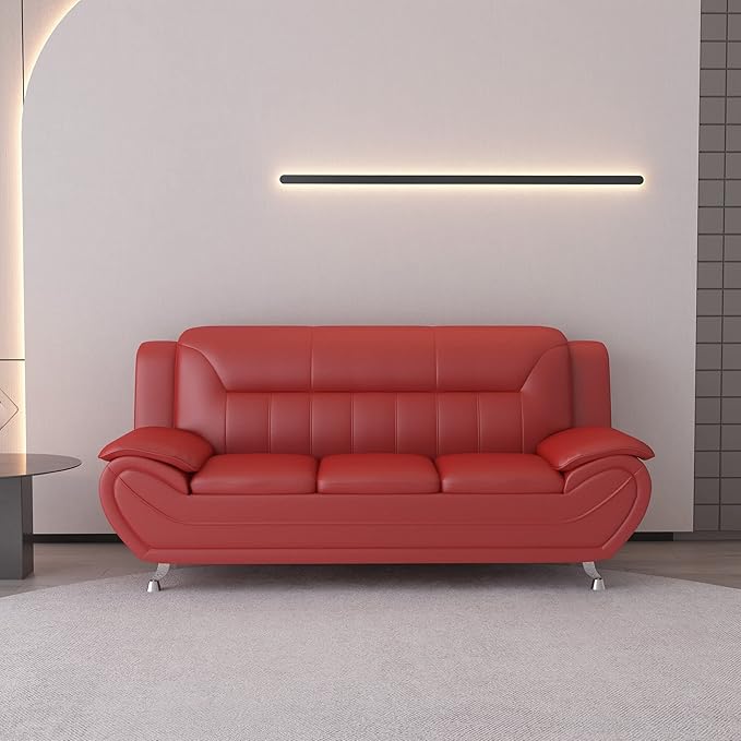 Container Furniture Direct Michael Modern Faux Leather Upholstered Stainless Steel Legs Living Room Sofa, Chair, Red