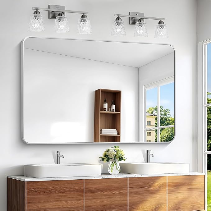 BONEWEI Silver Bathroom Mirror,55x36 inch Wall Mirror for Bathroom Wall Mounted,Rectangle Mirror for Bathroom Over Sink,Modern Frame Round Corner for Living Room,Bedroom Entryway,Horizontal/Vertical