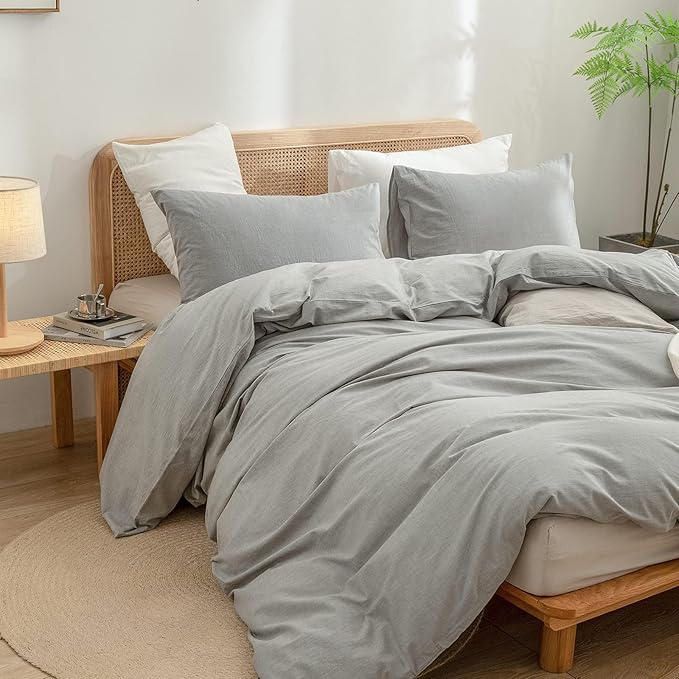 BESTOUCH Duvet Cover Set 100% Washed Cotton Linen Feel Super Soft Comfortable Chic Lightweight 3 PCs Home Bedding Set Solid Light Grey Oversized Full