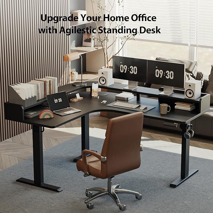 Agilestic L Shaped Standing Desk, Corner Desk with Monitor Shelf, Adjustable Height Gaming Table, Sit Stand Up Table, 63 x 55 Inch Home Office Computer Workstation, Splice Board, Black