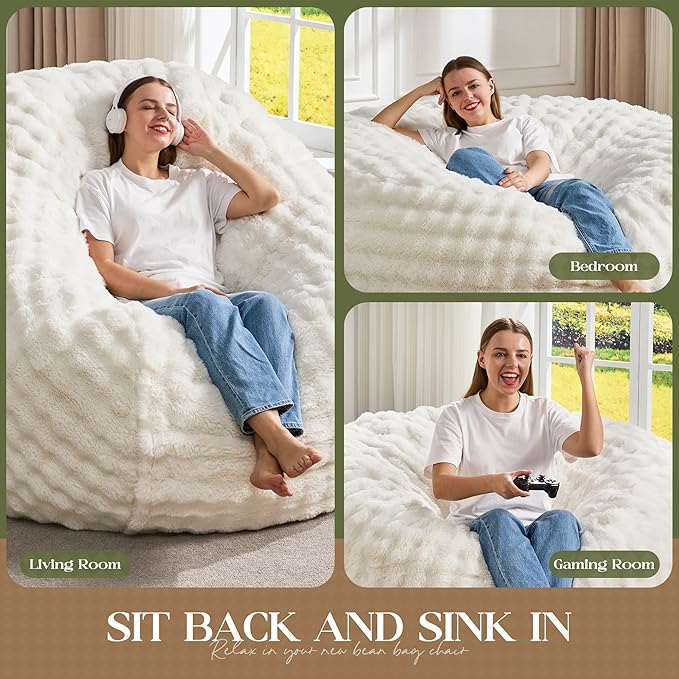 Hobestluk Bean Bag Chairs 6ft Beanbag Chair with Filler Adult Bean Bags with Fluffy & Machine Washable Cover, Giant Bean Bag Chairs for Aduts (White, 6FT-70" x 70" x 15")