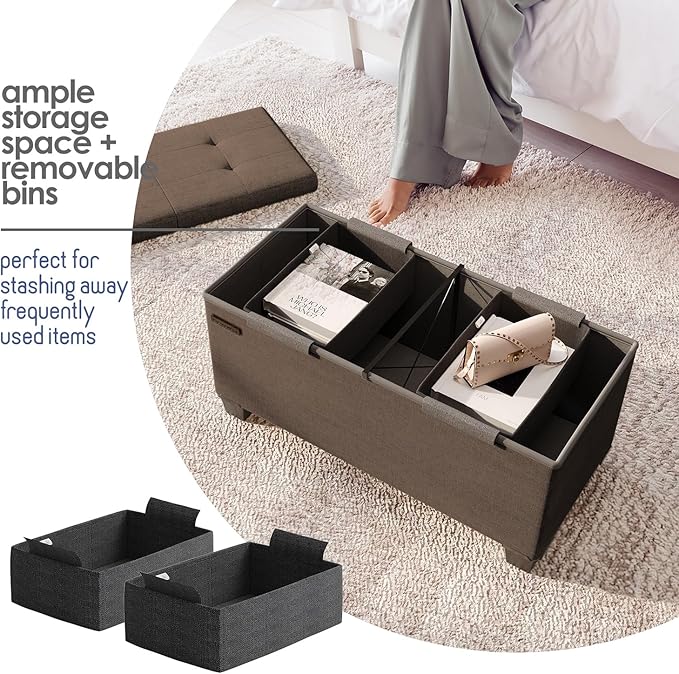 STORAGEBUD Storage Ottoman Bench with Bins, 30-in Storage Bench for Bedroom End of Bed, Folding Foot Rest Ottoman for Living Room Max 660lbs, Fabric Ottomans, Brown