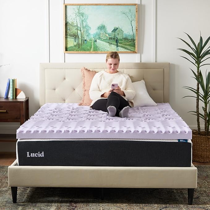 LUCID 3 Inch 5 Lavender Memory Foam Plush-Calming Targeted Convoluted Comfort Zones Mattress Topper, Queen