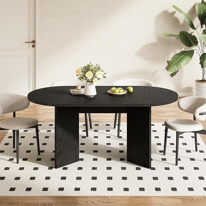 LITTLE TREE 63" Rustic Oval Dining Table for 4-6, Sturdy MDF Farmhouse Kitchen Table with Metal Strip Base, for Living Room, Office, Restaurant, Multi-Use, Black