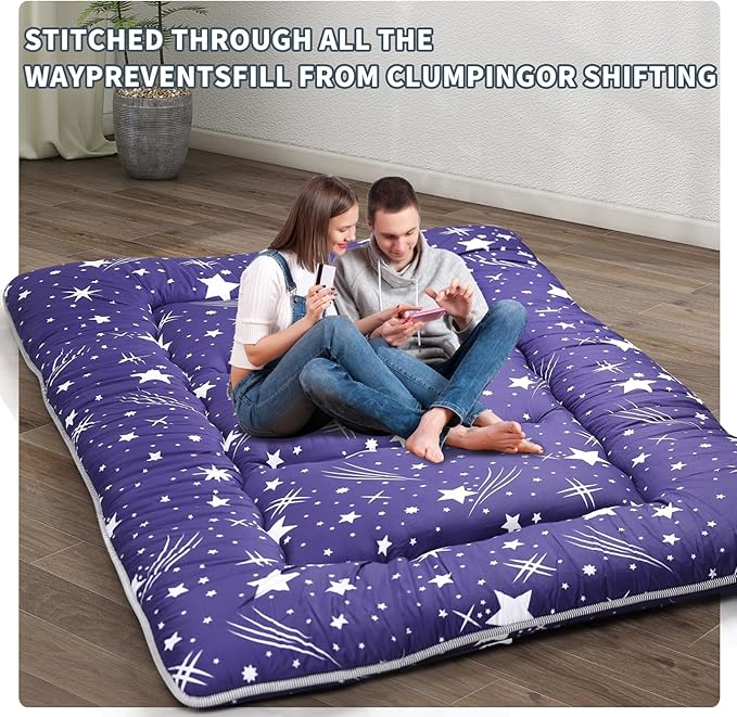 Japanese Floor Mattress,4" Thicken Japanese Floor Sleeping Pad Foldable,Futon Mattress Suitable for Camping and Guest Room (Blue, Full (80" X 47"))
