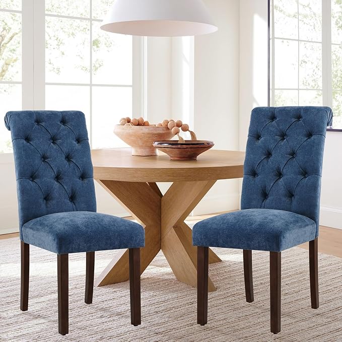 COLAMY Button Tufted Dining Chairs Set of 2, Parsons Upholstered Fabric Dining Room Chairs Kitchen Chairs with Wood Legs and Padded Seat, Blue