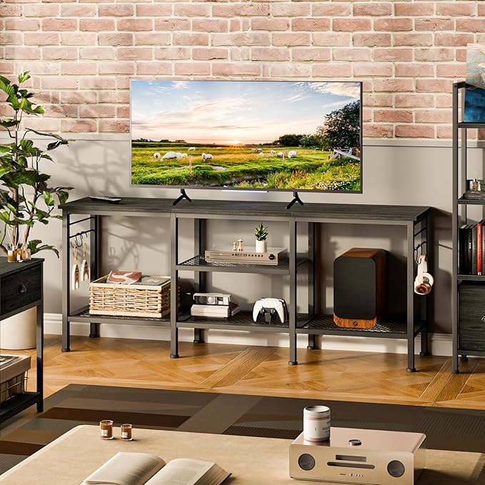 Furologee TV Stand for TVs up to 55 Inch, Entertainment Center with Open Storage Shelves, Media Console Table with Soundbar Shelf for Living Room, Bedroom, Black Oak