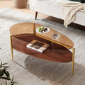 Oval Glass Coffee Table, Mid-Century Modern Design, L43 x W21 x H17 inch, for Living Room, 2-Tier Structure, Amber Glass Top, Walnut Finish Wood Shelf & Gold Finish Frame