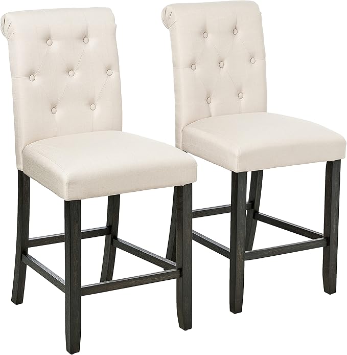 Roundhill Furniture Hendley Solid Wood Tufted Counter Height Stools, Set of 2, Tan
