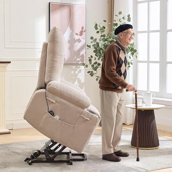 GarveeHome Power Lift Recliner Chair for Elderly with Massage and Heat, Oversized Electric Massage & Heat Recliner with Soft Padded Upholstery, Side Pocket & Cup Holders for Living Room, Beige