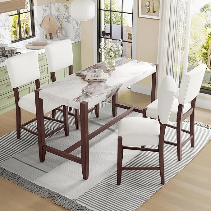Ball & Cast 5-Piece Dining Table Set for 4,Kitchen Table Set W/Faux Marble Bar Table,Counter Height Living Room Furniture W/ 4 Upholstered Chairs,for Dining Room,Pub Kitchen,Small Place,Beige+White
