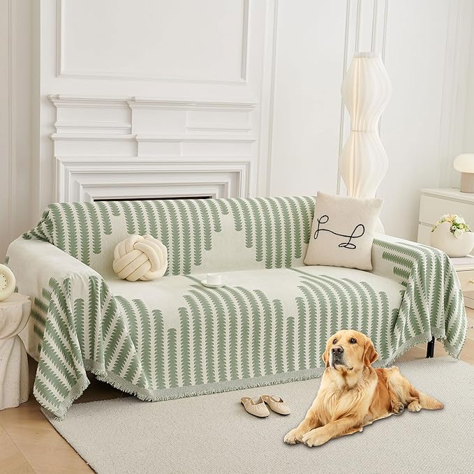 HAOMAIJIA Boho Sofa Covers Couch Covers for 3 Cushion Couch Sofa Pet Friendly Soft Thick Non Slip Couch Cover for Dogs Washable Sectional Couch Covers L Shape Furniture Protector (Green, 91"x134")