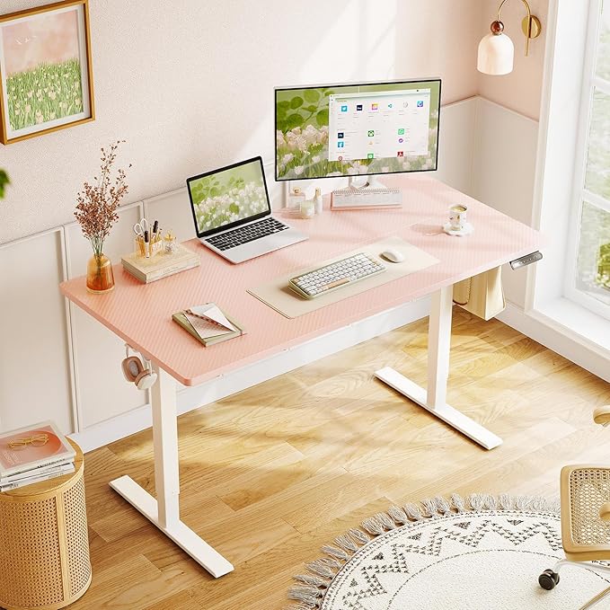 OffiGo Electric Height Adjustable Standing Desk, 48 Inch Pink Computer Desk for Women Girls, Sit Stand Table for Home, Office, Bedroom